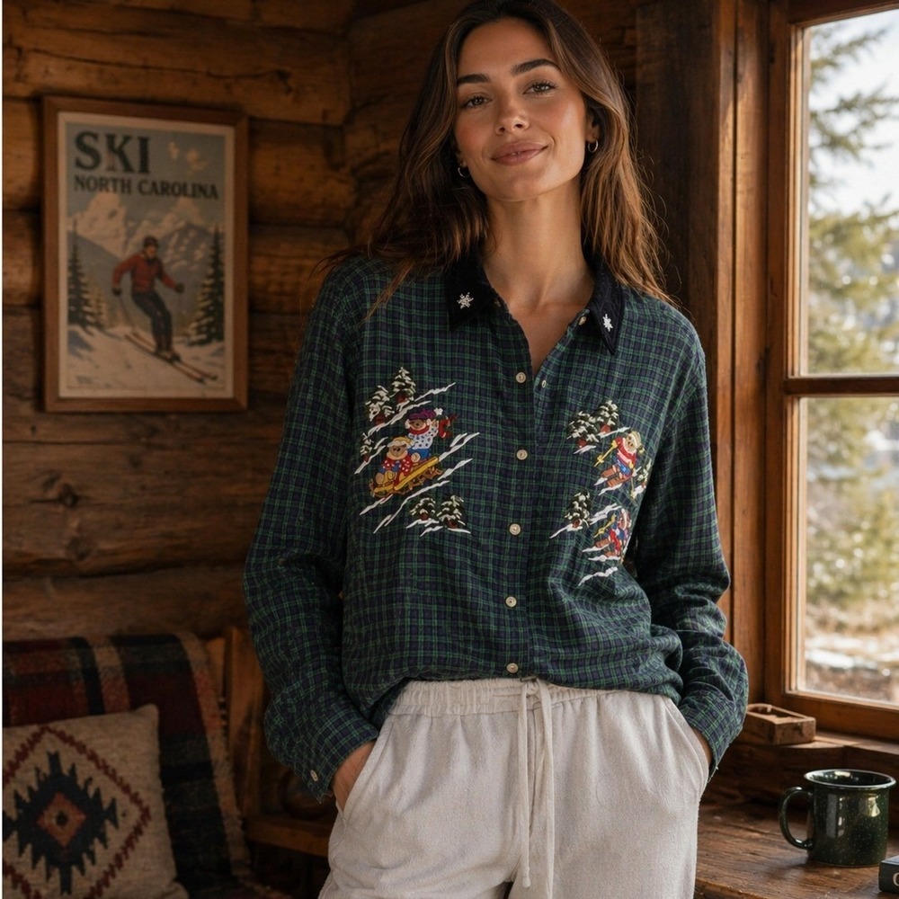Cottagecore Plaid Embroidered Bears Ski Shirt Womens L Holiday Teacher 90s